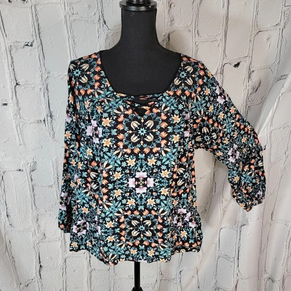 A.n.a Flowy Black Blue Floral Boho Peasant Long Sleeve Blouse Top Shirt Sz L - Picture 1 of 7